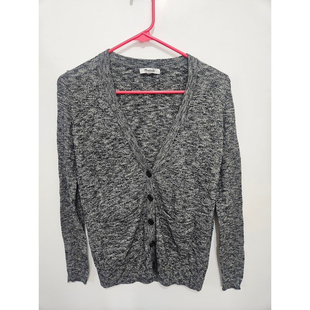 Madewell Womens Black White Marled Cotton V-Neck Cardigan Sweater E9199 XXS